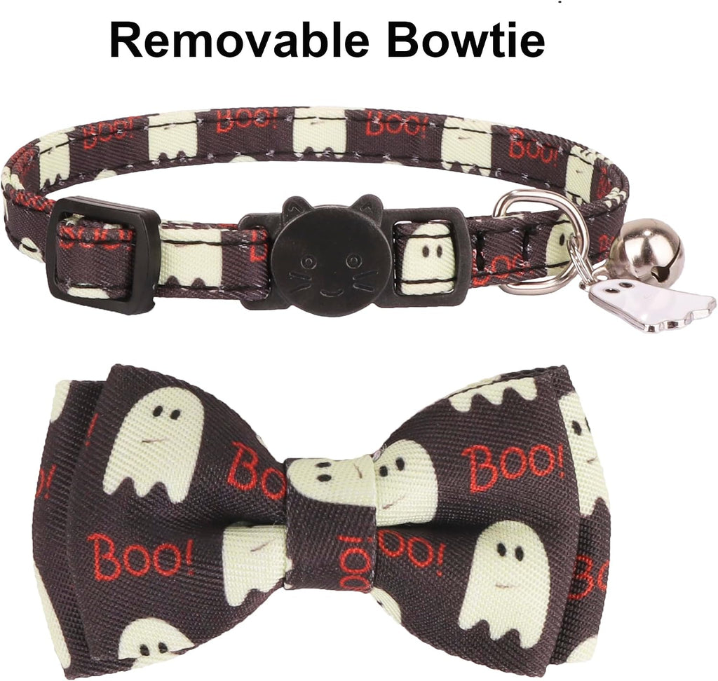 Halloween Cat Collar Breakaway, Pumpkin Ghost Cat Bowtie Collar | Detachable Bowtie Bell, Cute Charm, Adjustable Halloween Collar for Cat Kitten, For Halloween Parties and Photos