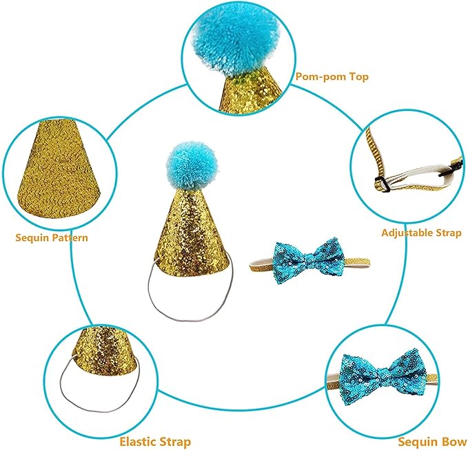4 Pcs Cat Birthday Hat Bowtie Small Dog Hat Headband Topper Bowtie Adjustable Cute Puppy Birthday Costume Accessories for Small Medium Pets (2/LB-RB)