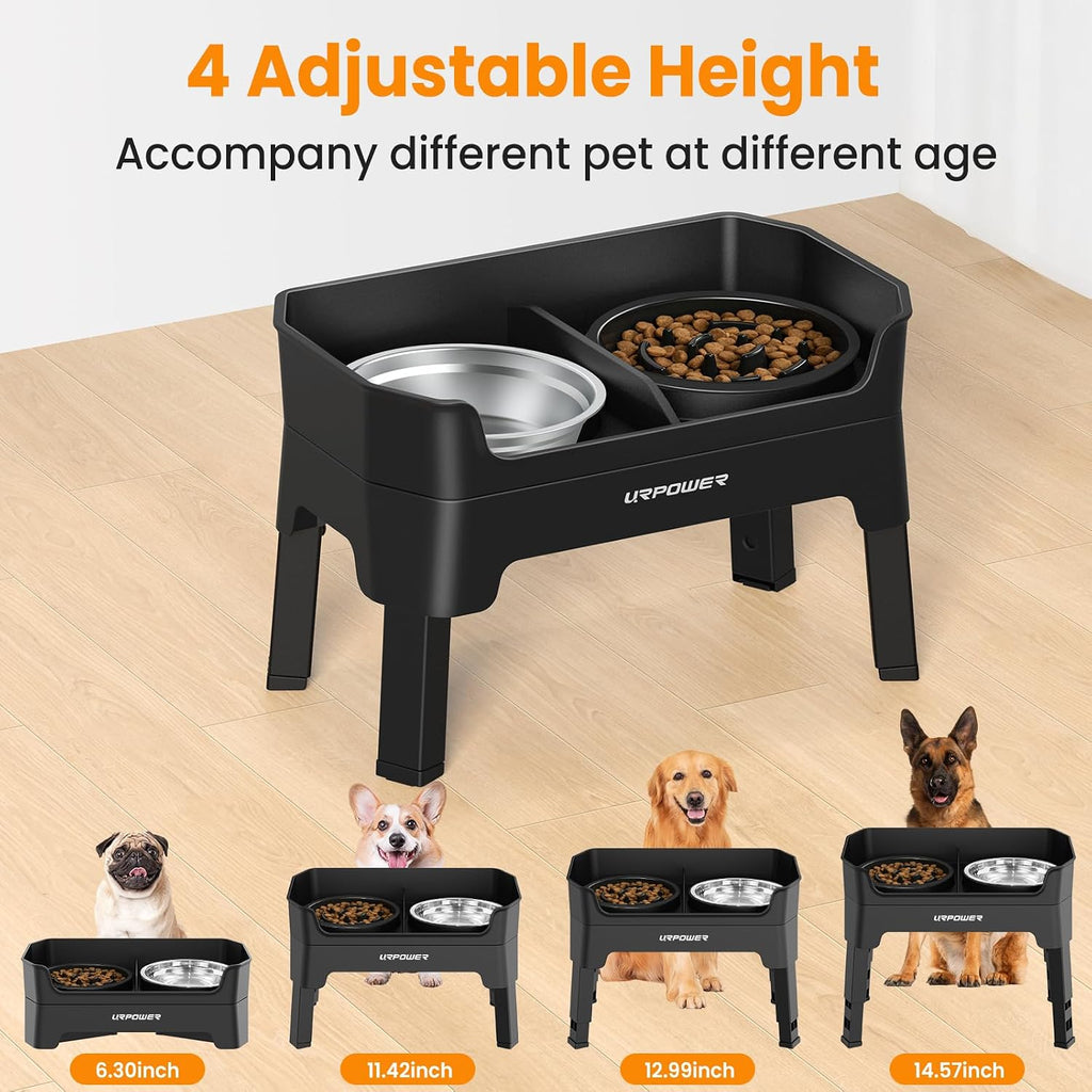 URPOWER Mess Proof Elevated Dog Bowls Double Deck Slow Feeder | No Spill Water Bowl, Slow Feeder Dog Bowls, Non-Slip Food and Water Bowl Set for Small, Medium & Large Dogs
