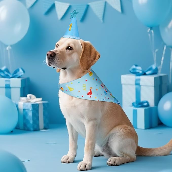 Dog Birthday Party Supplies with Hat Bandana Numbers, Light Blue Dog Birthday Set for Small Pets Puppy Boy