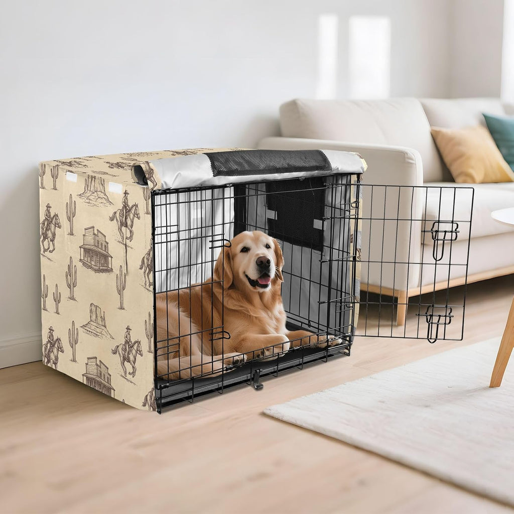 Duty 600D Silver Coated Dog Crate Cover, Water-Resistant Western Cowboy Pet Kennel Canopy with Mesh Windows for Optimal Ventilation, Universal Fit for Standard Wire Cage, Indoor & Travel