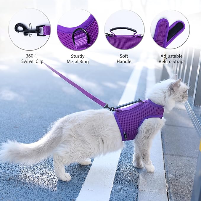 Cat Harness and Leash for Walking Escape Proof Breathable Mesh Fabric, Purple, XX-Large, Adjustable Cat Walking Jackets with Handle, Padded Stylish Cat Vest