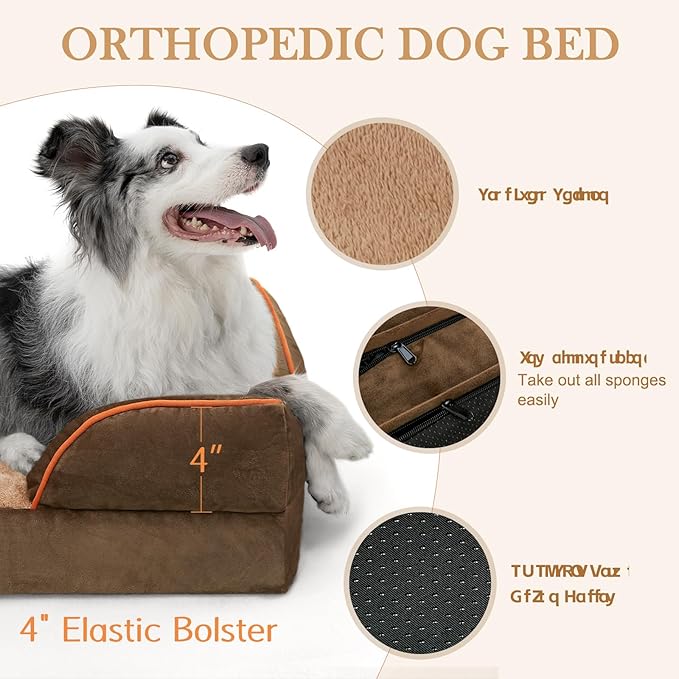 Comfort Expression Orthopedic Dog Bed for Medium Dogs 30x20 Inch, Waterproof Supportive Egg Crate Foam Medium Pet Bed with Removable Bolsters, Dog Couch with Washable Cover & Non-Slip Bottom, Brown