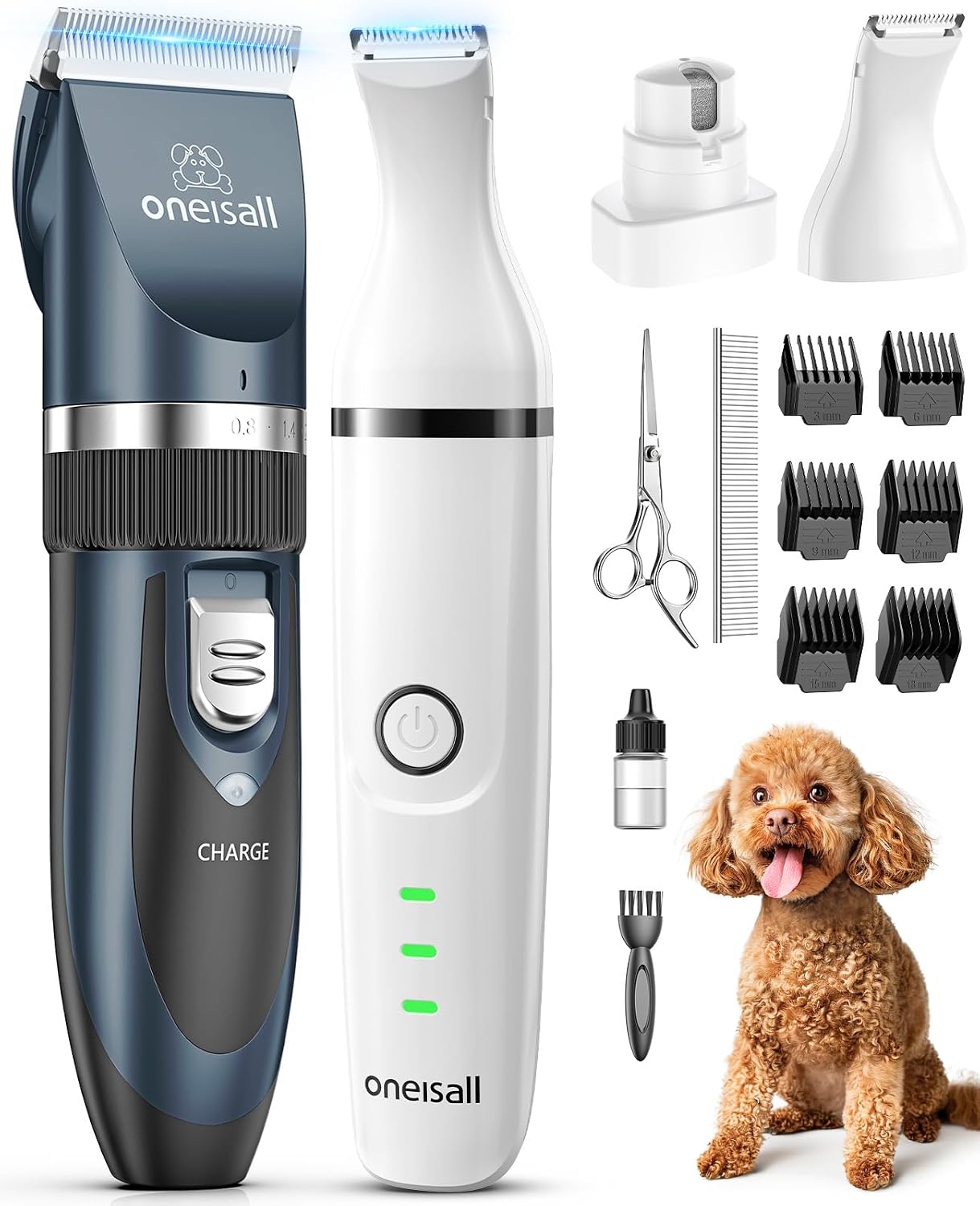 oneisall Dog Clippers and Paw Trimmer Grooming Kit | Low Noise, Powerful Motor, 3-in-1 Dog Trimmers+Nail Grinder, Long-Lasting Battery&Cordless, For Small Medium Large Dogs