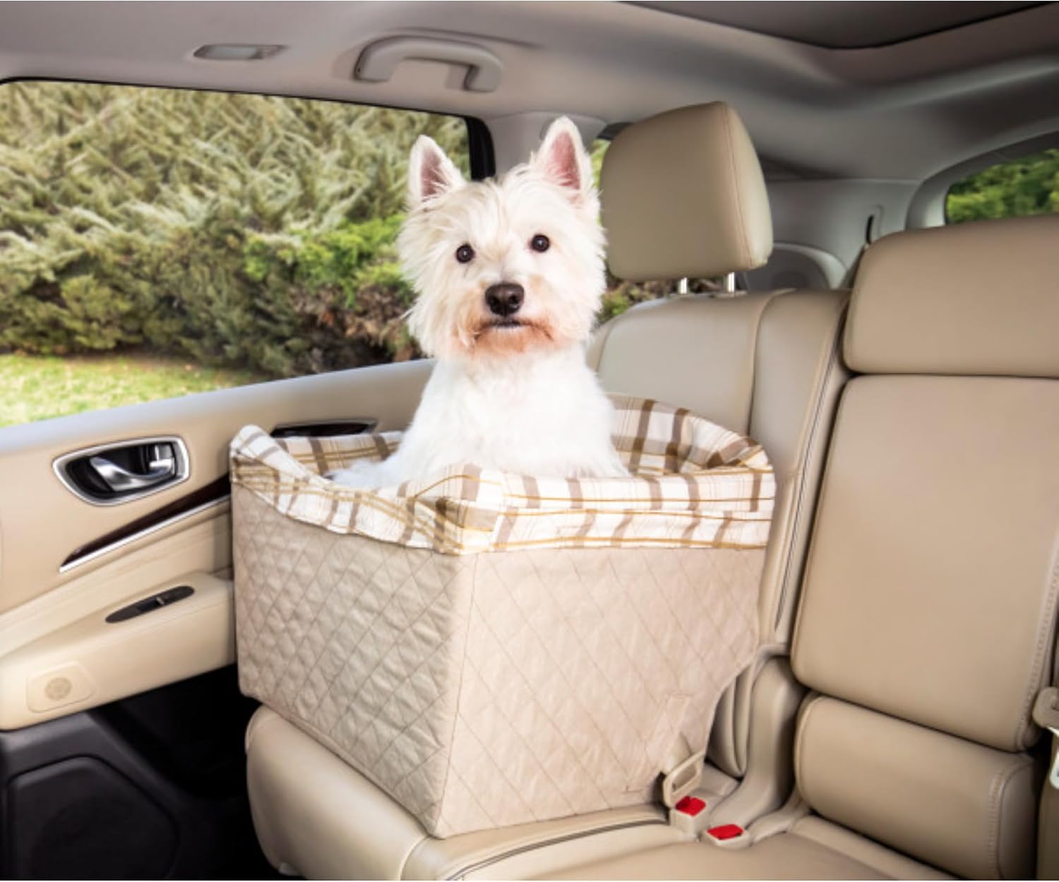 PetSafe Happy Ride Dog Safety Seat - Pet Booster Seat for Cars, Trucks and 4X4s - Included Seat Belt Tether - Durable Liner is Machine-Washable and Easy to Clean - Quilted Tan