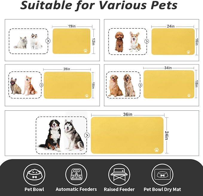Dog Food Mat - Absorbent Cat Mat for Food and Water, No Stains Pet Feeding Bowl Mat, Easy to Clean Pet Placemats, Quick Dry Dog Water Dispenser Mat for Messy Drinkers | Paw Yellow 18"x34"