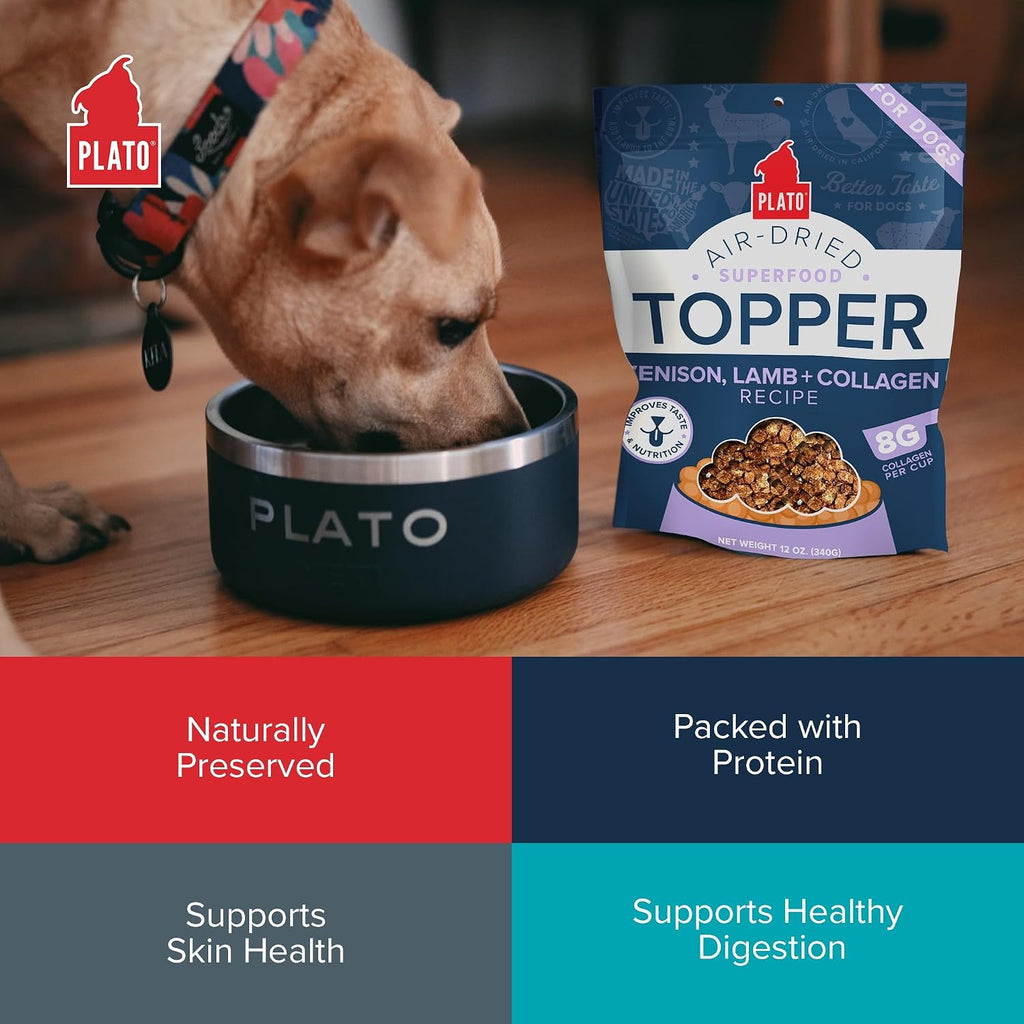 Plato Pet Treats Dog Food Toppers - Air-Dried Dog Food Toppers for Dry Food - with Collagen to Support Skin and Coat Health - Venison, Lamb and Collagen Recipe 5.5oz - Discontinued