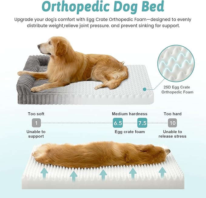 Cute Dog Bed for Large Dogs, Faux Rabbit Fur Orthopedic Foam Dog Bed with Sides, Removable Washable Cover & Waterproof Lining, Comfortable Pet Couch, Grey (44" L x 32" W x 7" Th)