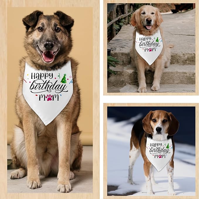 Happy Birthday Mom White Dog Bandana Pet Scarf Accessories Funny Cute Puppy Bandana Birthday Party Accessorie Gifts for Dog Mom Lovers