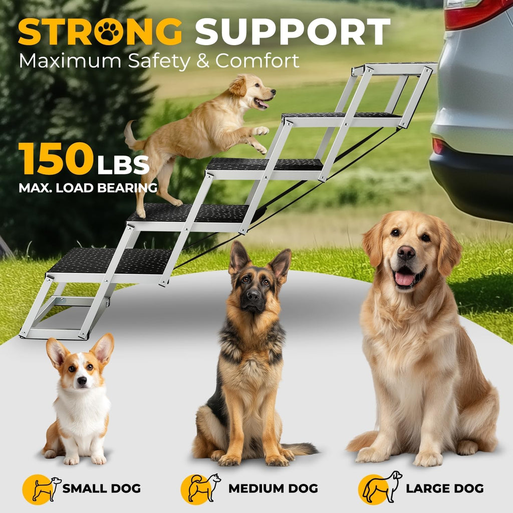 Auto Dynasty Dog Stairs for Car - 5 Steps Wide 37in High 31in Foldable Dog Ramp for Car Non-Slip Surface Support up to 150lbs - Suitable for SUV,Truck, Sofas, Bed/Couch