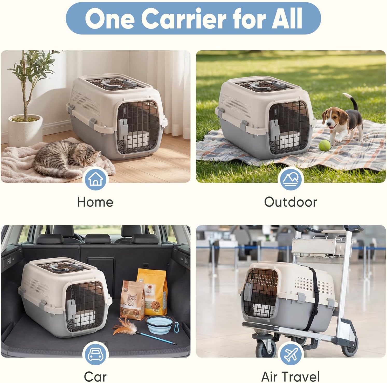 DUMOS 23" Hard-Sided Pet Carrier for Small Pets, 2 Door Cat Carrier, Beige | Airline Approved Dog Crate, Enhanced Security Latches, Front & Top Load Wire Door, Food Bowl for Traveling, Hiking, Camping