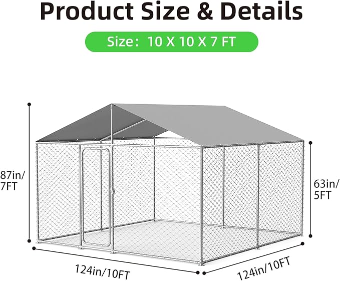 10'x10' Large Outdoor Dog Kennel, Heavy Duty Dog Enclosure with Roof, Weather Resistant Cover and Security Lock(124"x124")