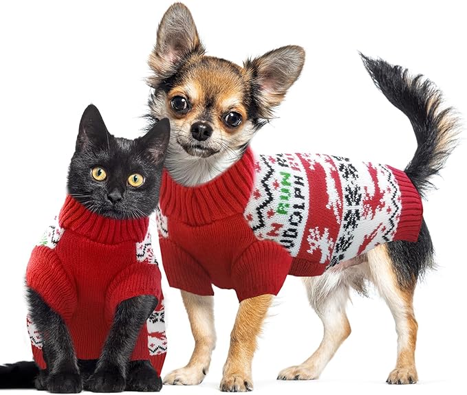 Dog Christmas Sweater Xmas Pet Clothes Cute Reindeer Christmas Dog Costume Outfits Holiday Knitwear Puppy Cat Jumpers New Year Gifts for Small Medium Large Dogs(Red Runing Deer,L)