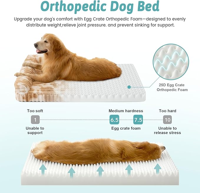 Cute Dog Bed for Large Dogs, Faux Rabbit Fur Orthopedic Foam Dog Bed with Sides, Removable Washable Cover & Waterproof Lining, Comfortable Pet Couch, Tie-Dye Brown (44" L x 32" W x 7" Th)