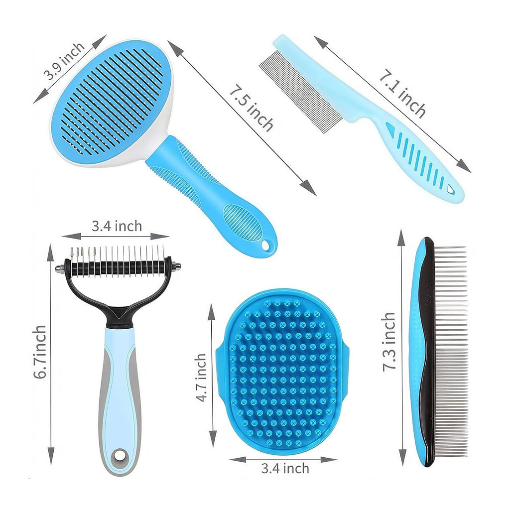 5-in-1 Grooming Kit - Supplies for Short and Long Hair Dogs, Bath Brush, Dematting Rake and Comb (Set of 5, Blue)