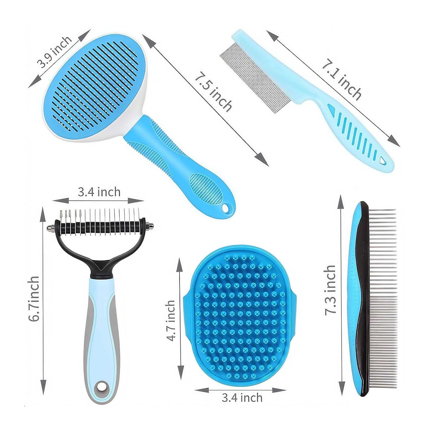 5-in-1 Grooming Kit - Supplies for Short and Long Hair Dogs, Bath Brush, Dematting Rake and Comb (Set of 5, Blue)
