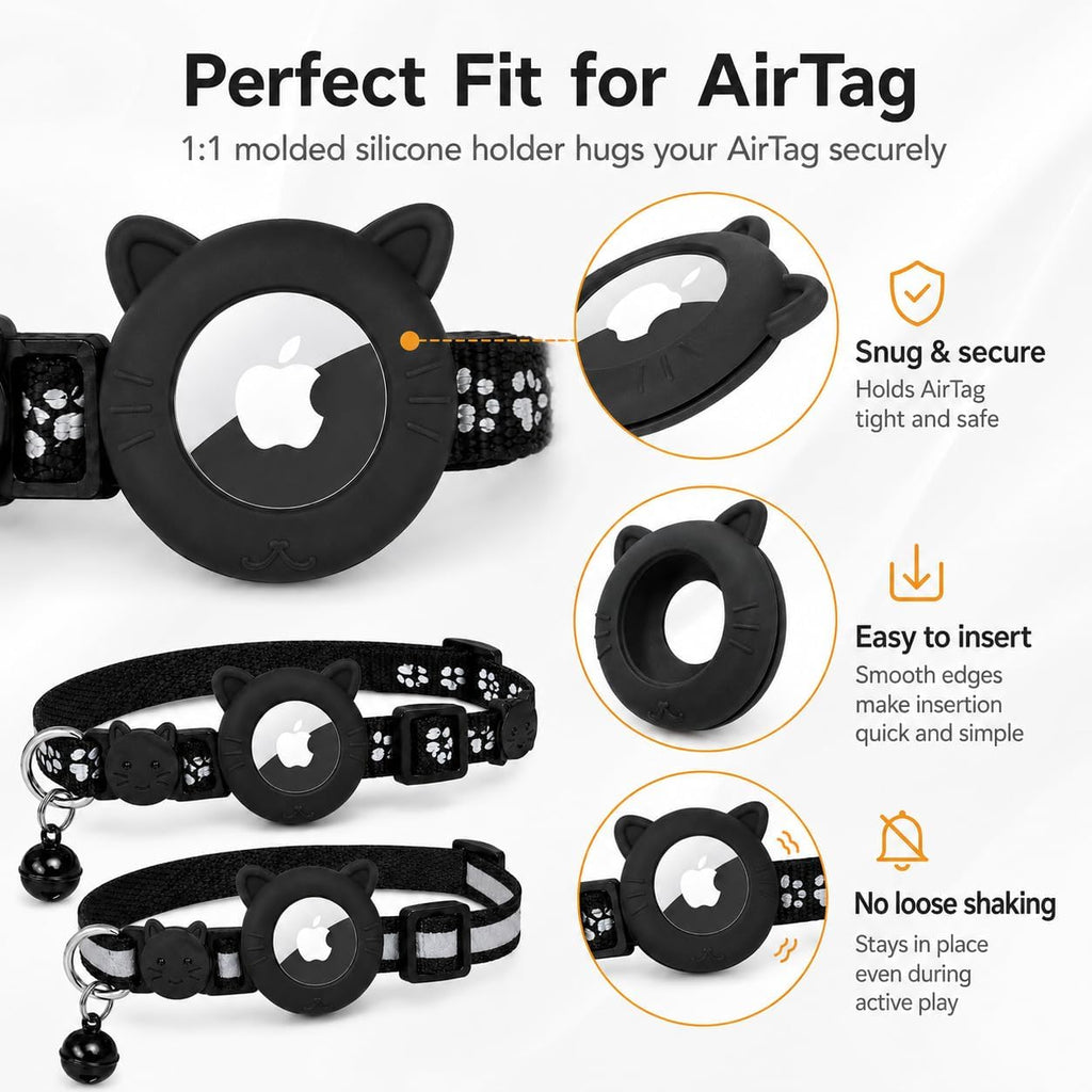 Cat Collar Breakaway 2packs, Reflective Kitten Collar with Apple Air Tag Holder and Bell for Girl Boy Cats, 0.4 Inches in Width and Lightweight (Black)