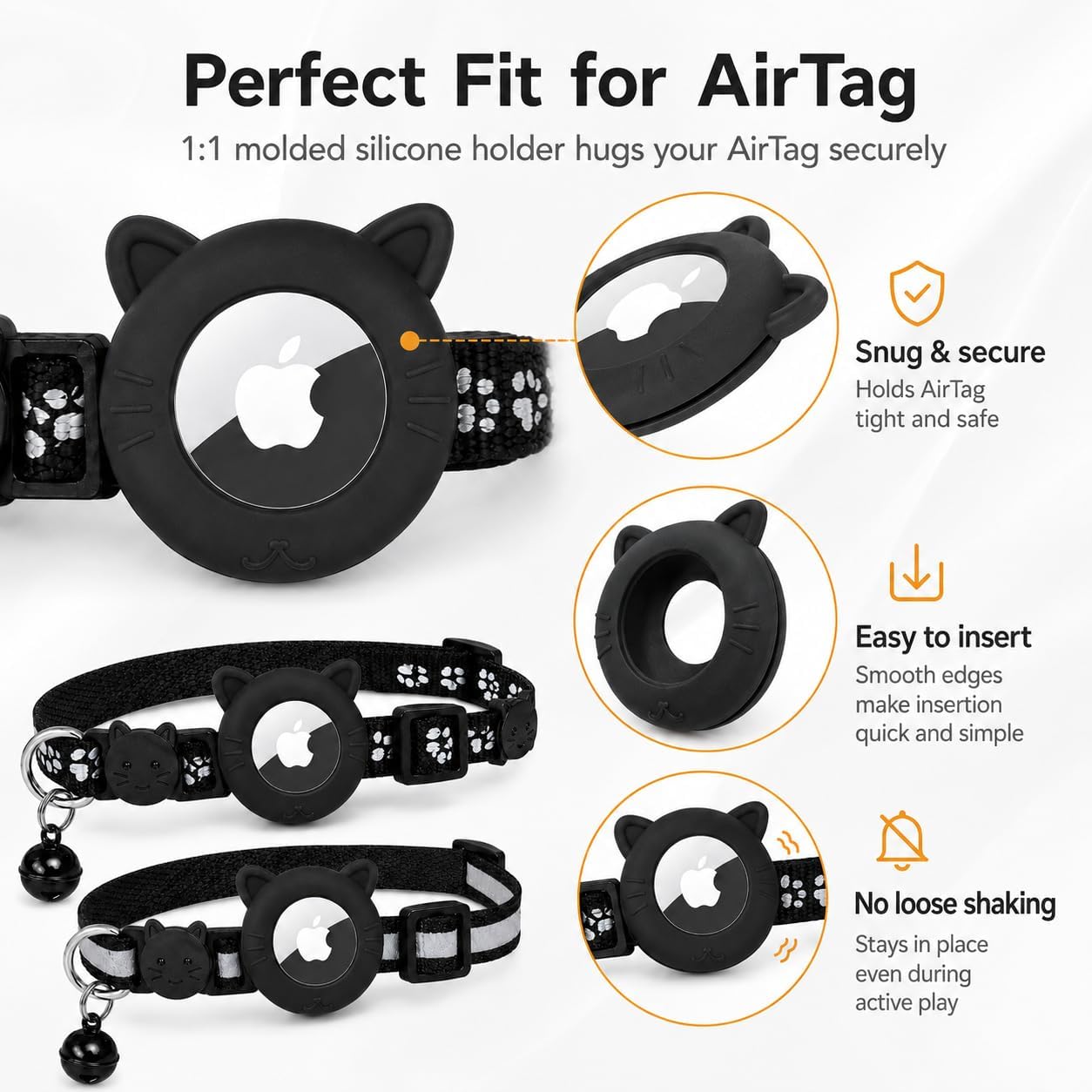 Cat Collar Breakaway 2packs, Reflective Kitten Collar with Apple Air Tag Holder and Bell for Girl Boy Cats, 0.4 Inches in Width and Lightweight (Black)