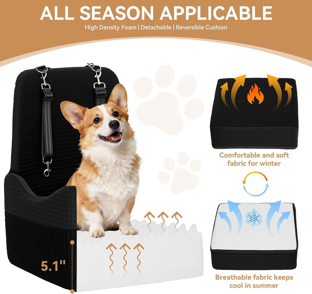 PETSFIT Dog Car Seat with Patented Safety System, 5" Elevated Cushion | Fully Detachable Washable Cover, Memory Foam Dog Booster Car Seat for Small/Medium Dogs Up to 35 Lbs with Safety Belt
