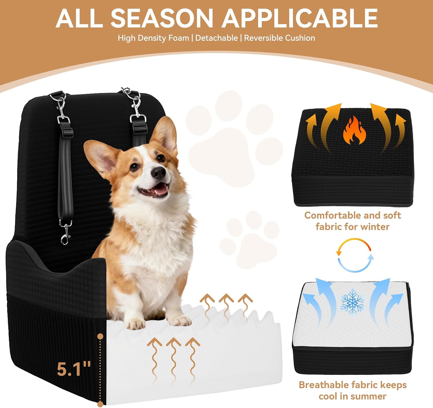 PETSFIT Dog Car Seat with Patented Safety System, 5" Elevated Cushion | Fully Detachable Washable Cover, Memory Foam Dog Booster Car Seat for Small/Medium Dogs Up to 35 Lbs with Safety Belt