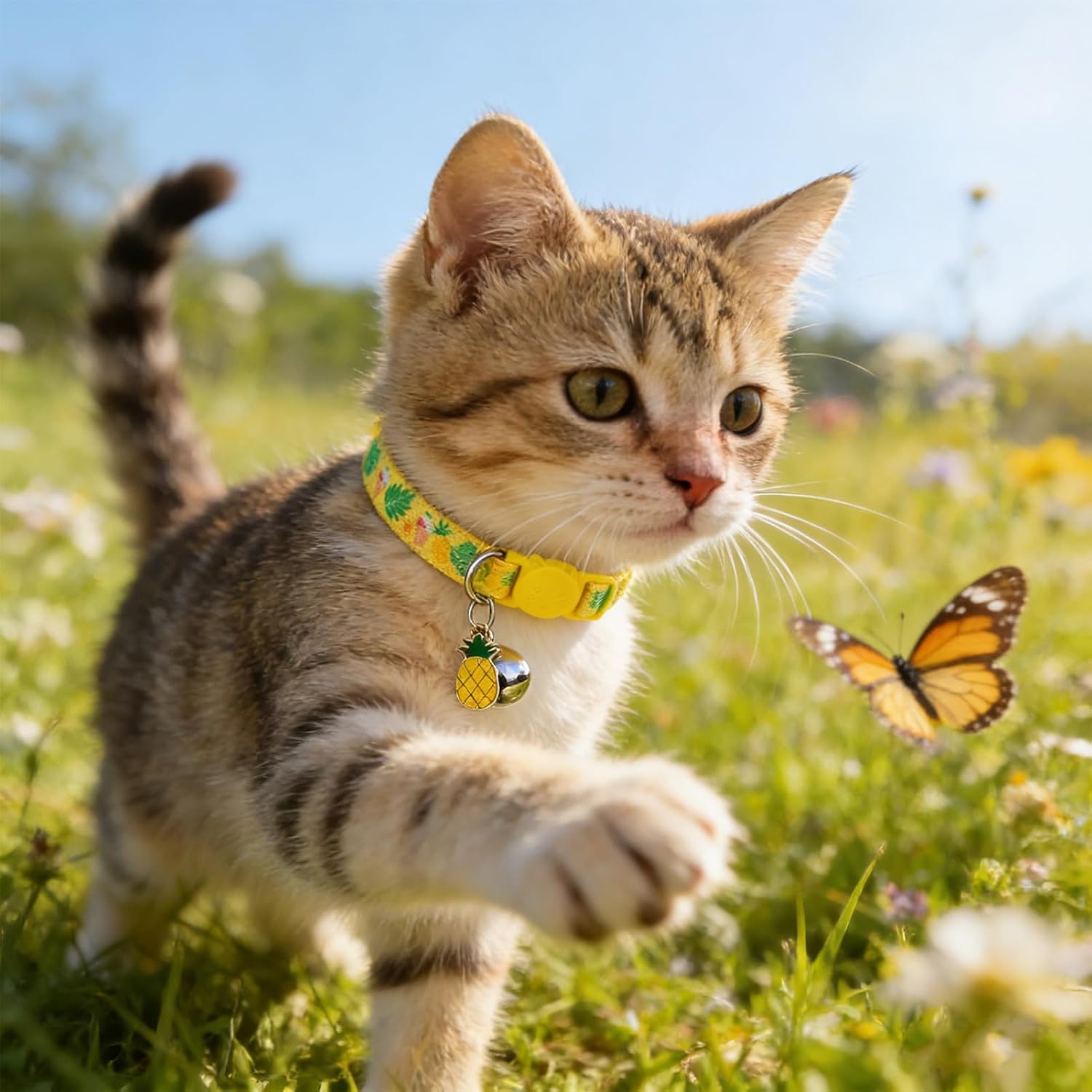 Flower Cat Collar Breakaway with Bells 3 Pack, Adjustable Soft Cute Cat Collars with Fruit Pendant for Spring Summer, Safe Floral Kitten Collar for Girl Boy Cats Pet Decoration Accessories