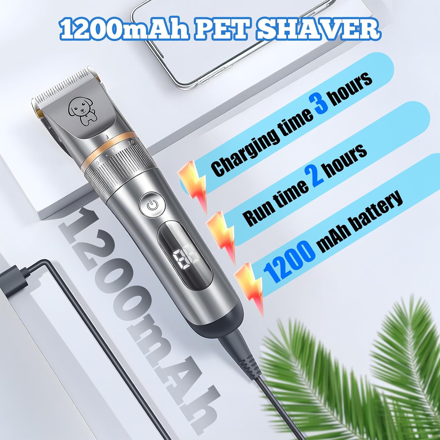 Dog Clippers Grooming Kit for Heavy Thick Coats Dog Cat Pet | Low Noise, Rechargeable Cordless, Long Battery, LCD Display, Simple for Beginners, 4 Guide Combs, IPX7 Waterproof, Detachable