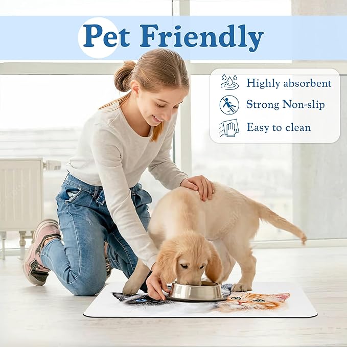 Cute Cats Pet Food Mat for Cats and Dogs–Christmas Stocking Absorbent Quick Dry Feeding Placemat, Non Slip Rubber Base, Waterproof Bowl Mat for Indoor Use, Pet Supplies 12"x20"