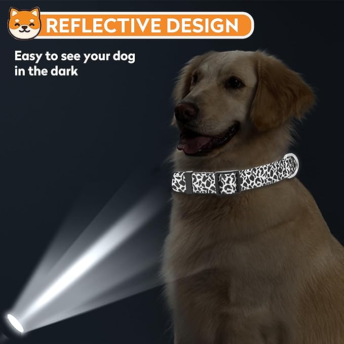 Reflective Dog Collar, Adjustable Soft Neoprene Padded Nylon Pet Collars with Buckle for Puppy and Small Dogs, Cats, Black White Cow,M