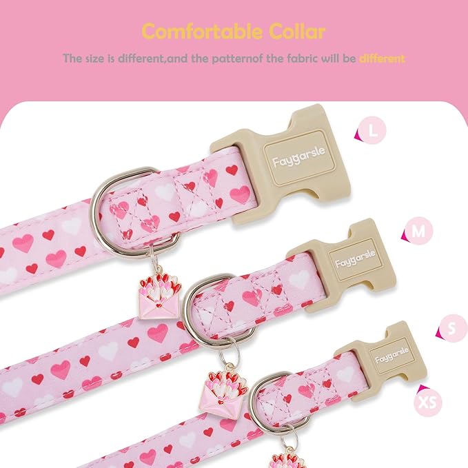 Faygarsle Valentine's Day Dog Collar, Pink with Red and White Hearts Pattern, Adjustable with Quick-Release Buckle and Heart Charm S