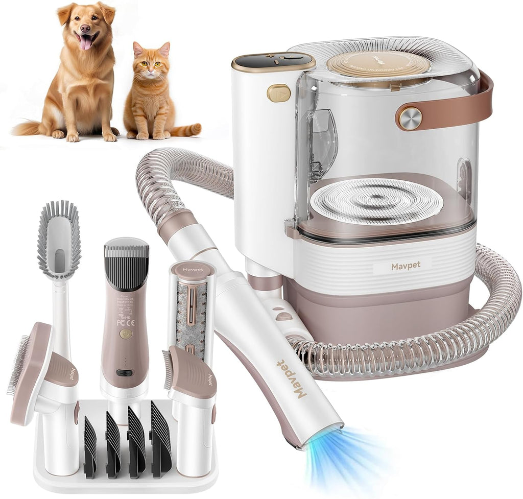 Mavpet 3.2L Dog Grooming Kit & Vacuum Suction | 3 Level Pet Hair Vacuum Groomer with Clippers for Thick Coats, 6 Shedding Grooming Tools for Dogs Cats