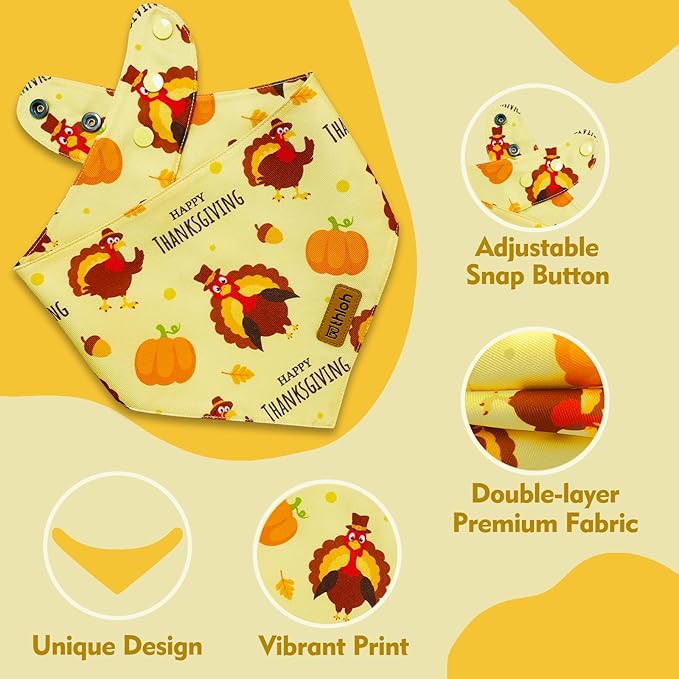 Thanksgiving Dog Bandanas with Snap Button, 2 Pack Adjustable Fall Bandanas for Small, Medium, and Large Dogs, Pumpkin Pet Scarf for Autumn Costume Accessory & Photo Shoot (X-Large)