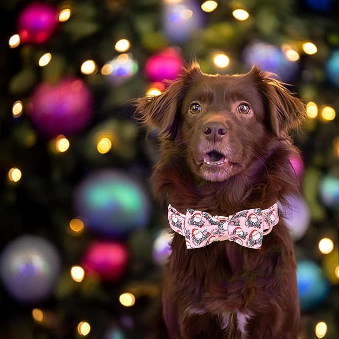 Christmas Dog Collar, Pink Christmas Santa Claus Dog Collar Bow Tie Pet Collars with Bow Adjustable Pet Collars with Premium Metal Buckle Dogs Necklace for Large Girl Dogs