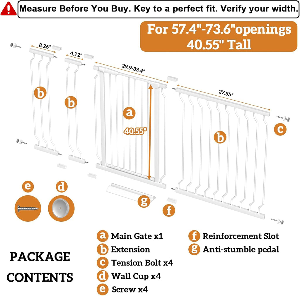 Extra Tall Baby and Dog Gate, 40.55" H, 57.48"-73.62" W, White | Extra tall baby and dog gate with pressure mount, auto close, stay-open function, dual lock and one-hand adult access.