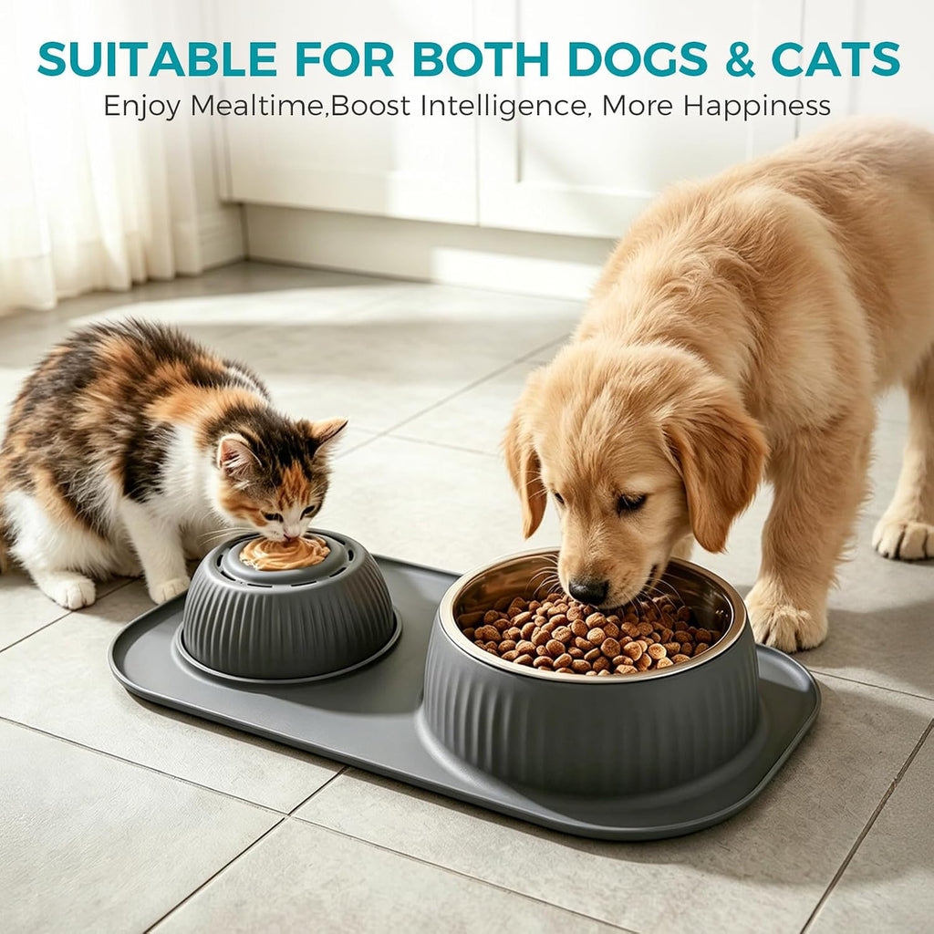 Dog Licking Bowl with Rolling Ball,Food and Water Bowl Set Slow Feeder | Spill proof & no tipping bowl mat features raised edge design to block splashes portable as travel dog bowls for outdoor trip