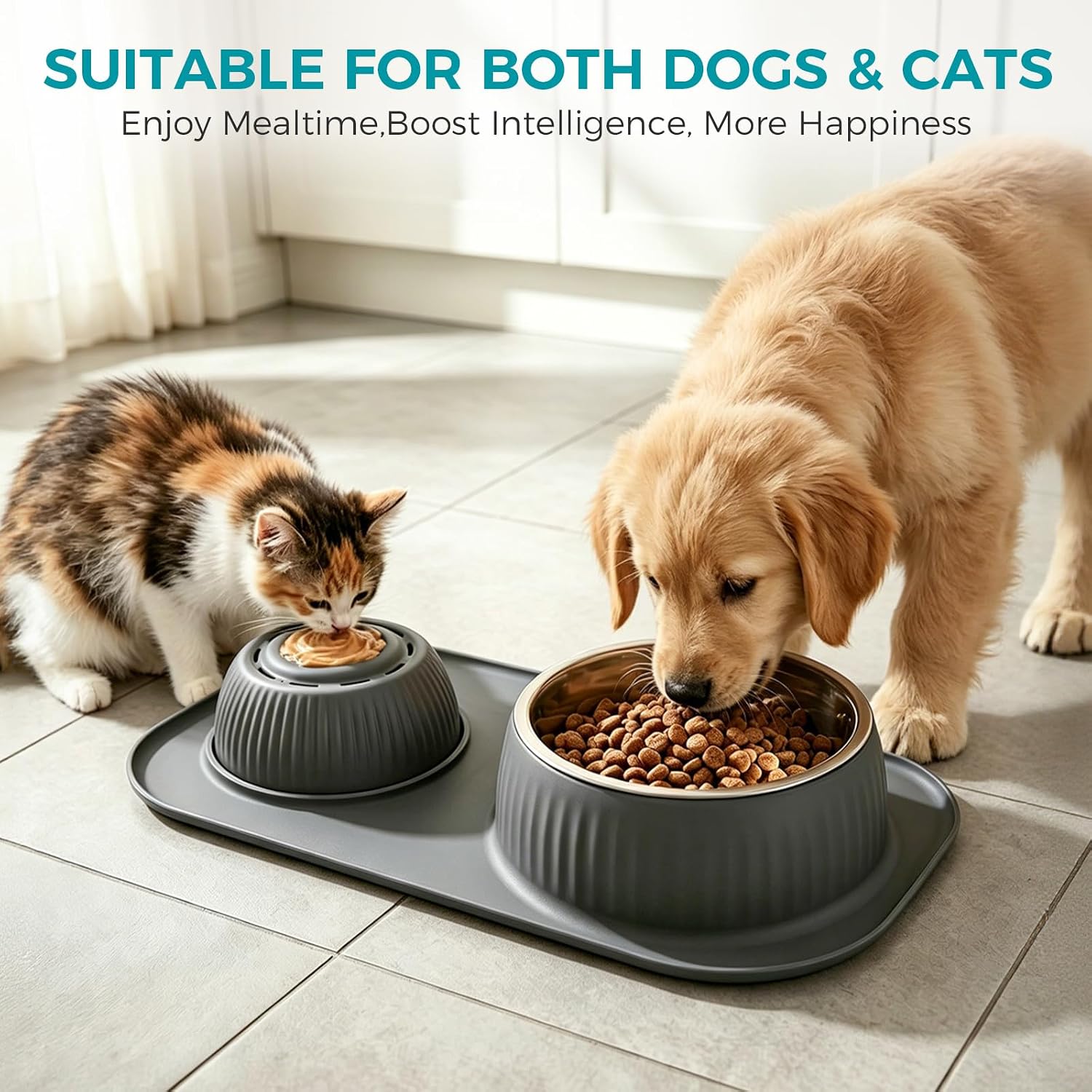 Dog Licking Bowl with Rolling Ball,Food and Water Bowl Set Slow Feeder | Spill proof & no tipping bowl mat features raised edge design to block splashes portable as travel dog bowls for outdoor trip