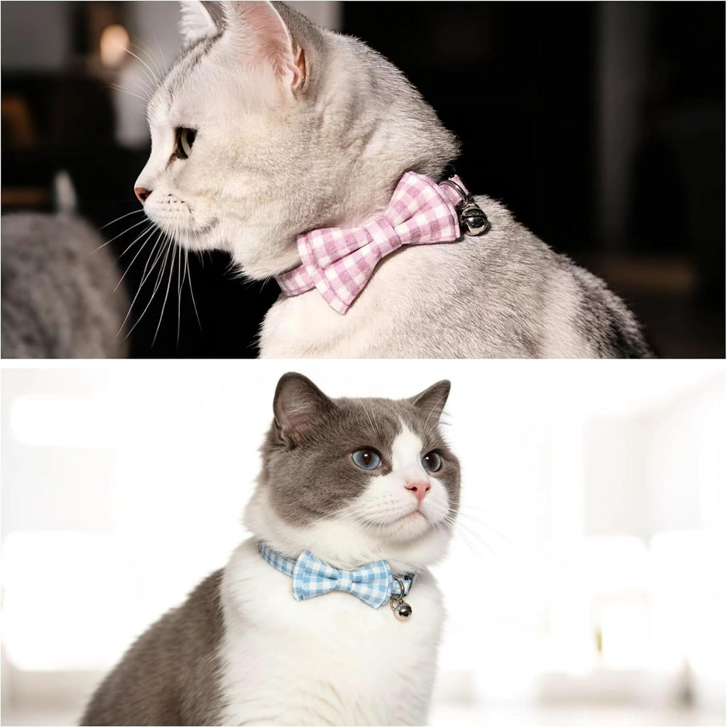 Bow Tie Cat Collar Breakaway with Bell Safety, Removable Bowtie, Adjustable Kitten Collars for Girl Boy Kitty Small Pets, 7"-11" Plaid Blue
