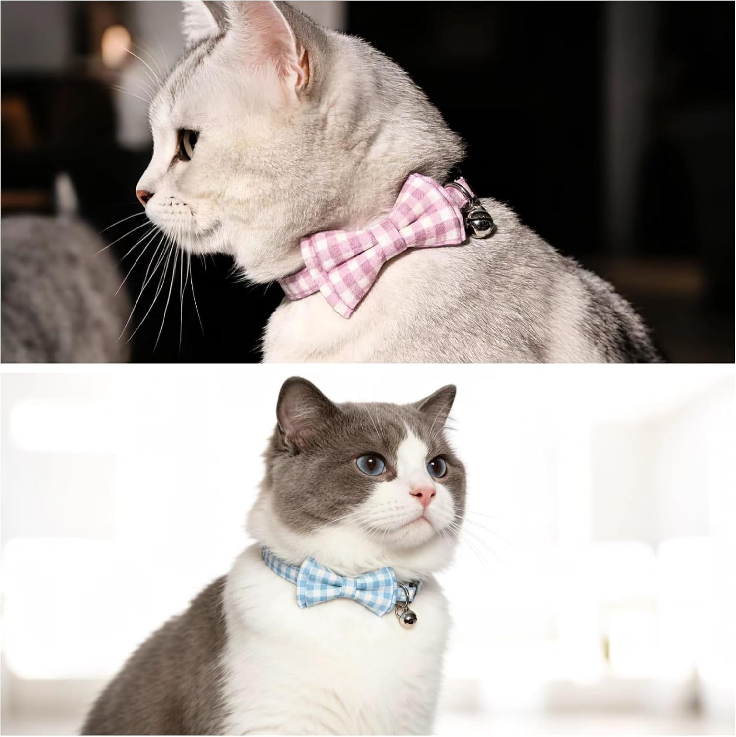 Bow Tie Cat Collar Breakaway with Bell Safety, Removable Bowtie, Adjustable Kitten Collars for Girl Boy Kitty Small Pets, 7"-11" Plaid Blue