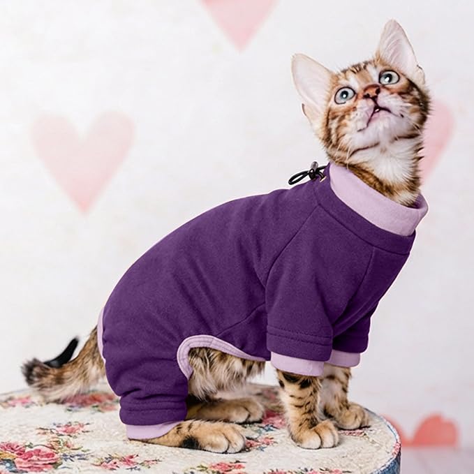 PUMYPOREITY Cat Recovery Suit, Stops Wound Licking After Surgery, Sticky Hair Shirt with Sticky Fabric, Cat Pajamas Prevents Over-Grooming, Purple, S