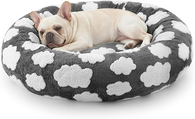 JOEJOY Donut Small Dog Bed, Round Cat Beds for Indoor Cats with Removable Washable Cover, Orthopedic Cute Puppy Kitten Pet Bed with Jacquard Shaggy Plush & Non Skid Bottom, Black