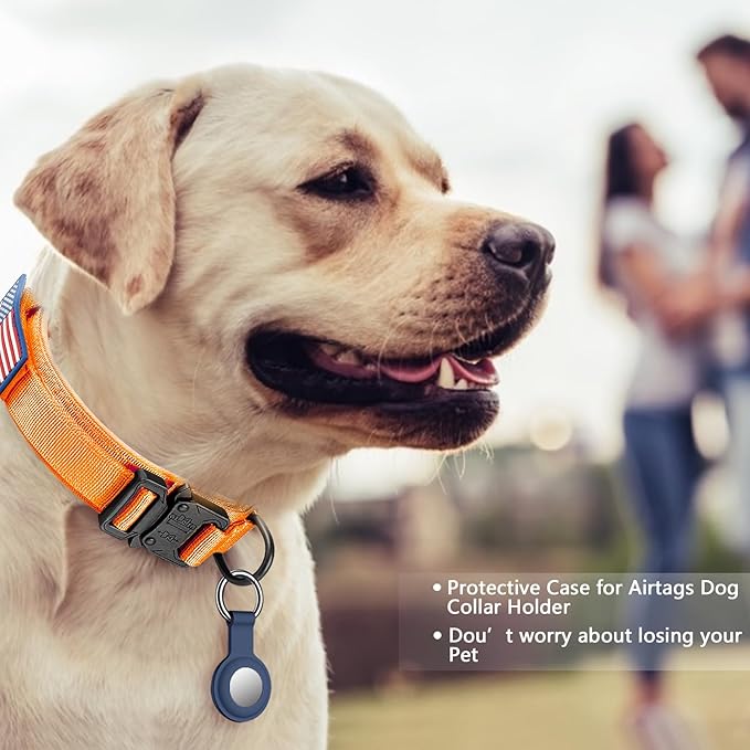 DAGANXI Tactical Dog Collar, Adjustable Military Training Nylon Dog Collar with Control Handle and Heavy Metal Buckle for Medium and Large Dogs, with Patches and Airtags Case (Orange-Set, M)