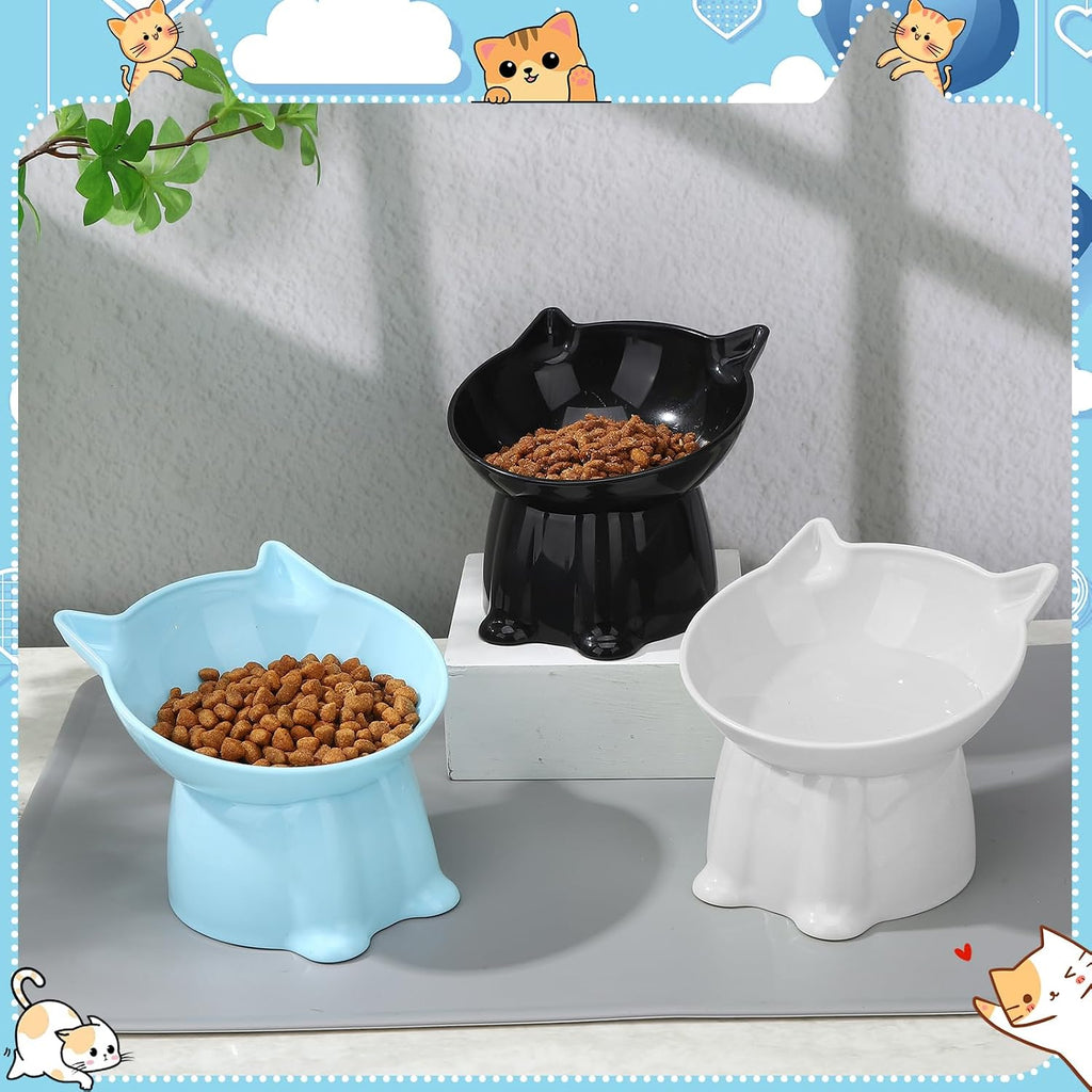 3 Pcs Elevated Cat Bowls 15°Raised Cat Food Bowl with Silicone Mat Blue | Whisker Friendly Anti Vomiting Cats Dishes Pet Food and Water Bowls for Indoor Cats Kittens