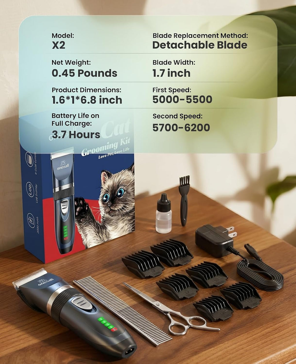 oneisall Quiet Cat Clippers for Matted Hair & Long Hair, Cat Shaver | Cordless Cat Grooming Kit, LCD Display, 6 Guard Combs, 240-Min Runtime, 2-Speed Low Noise Trimmer for Cats & Small Dogs