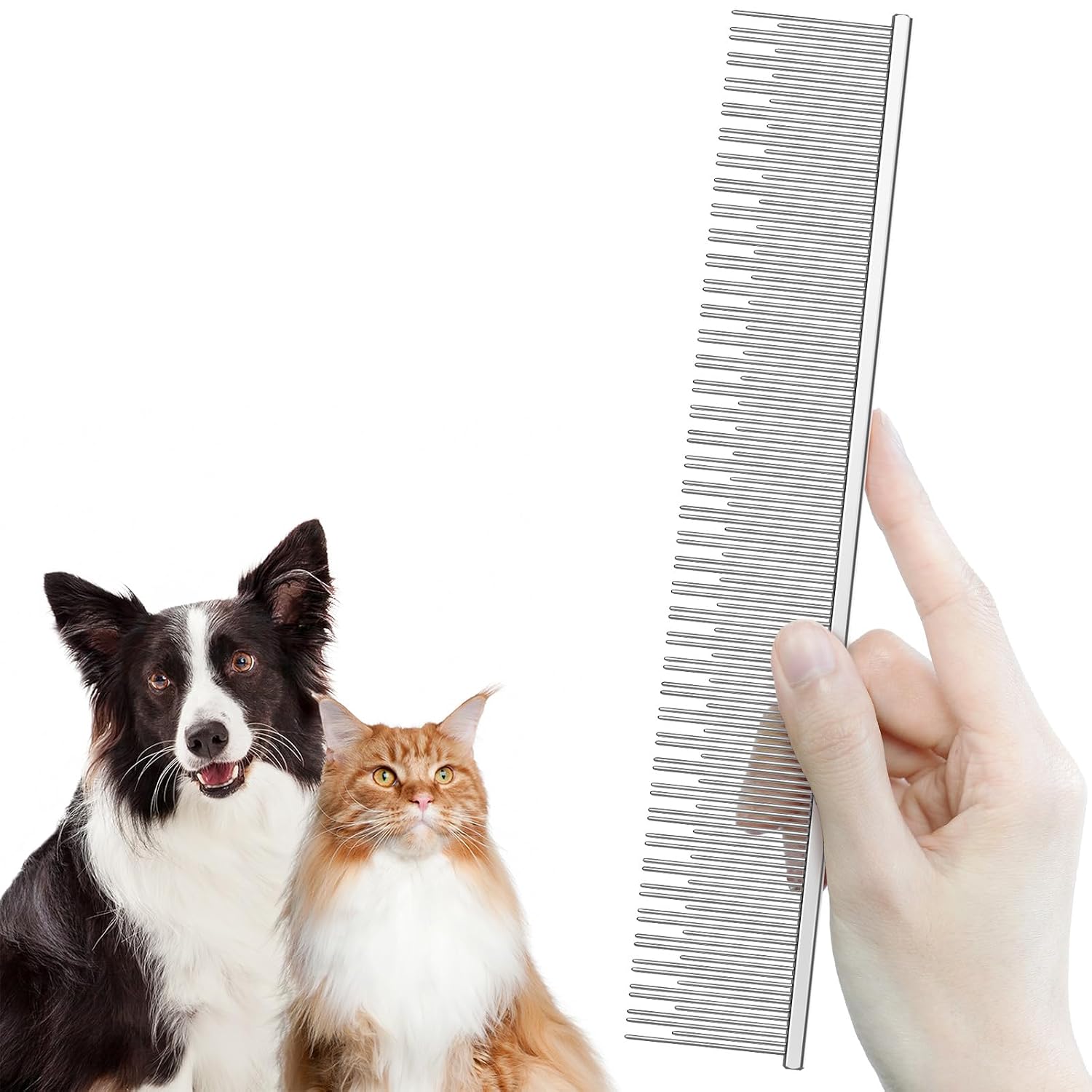 Stainless Steel Dog & Cat Comb with Dual Tooth, Professional Pet Grooming Tool, Advanced Undercoat Comb for Long Hair, Double Coats Dogs Cats, Silver