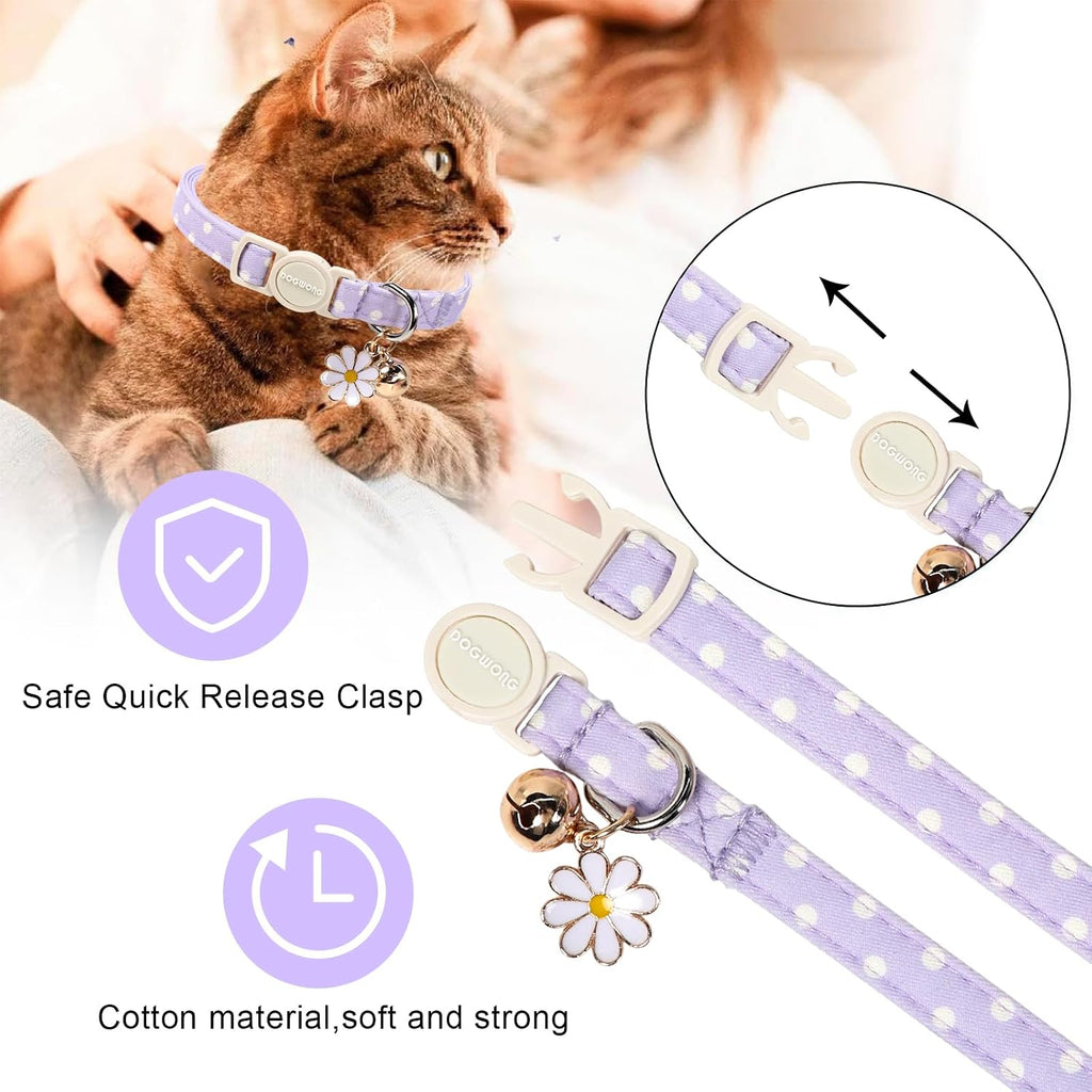 2 Pack Pink Purple Polka Cat Collars Breakaway with Bell, DOGWONG Safety Buckle Cat Collar for Girl Boy Cats and Small Dogs，Adjustable 7-12 Inch,Pet Supplies Accessories