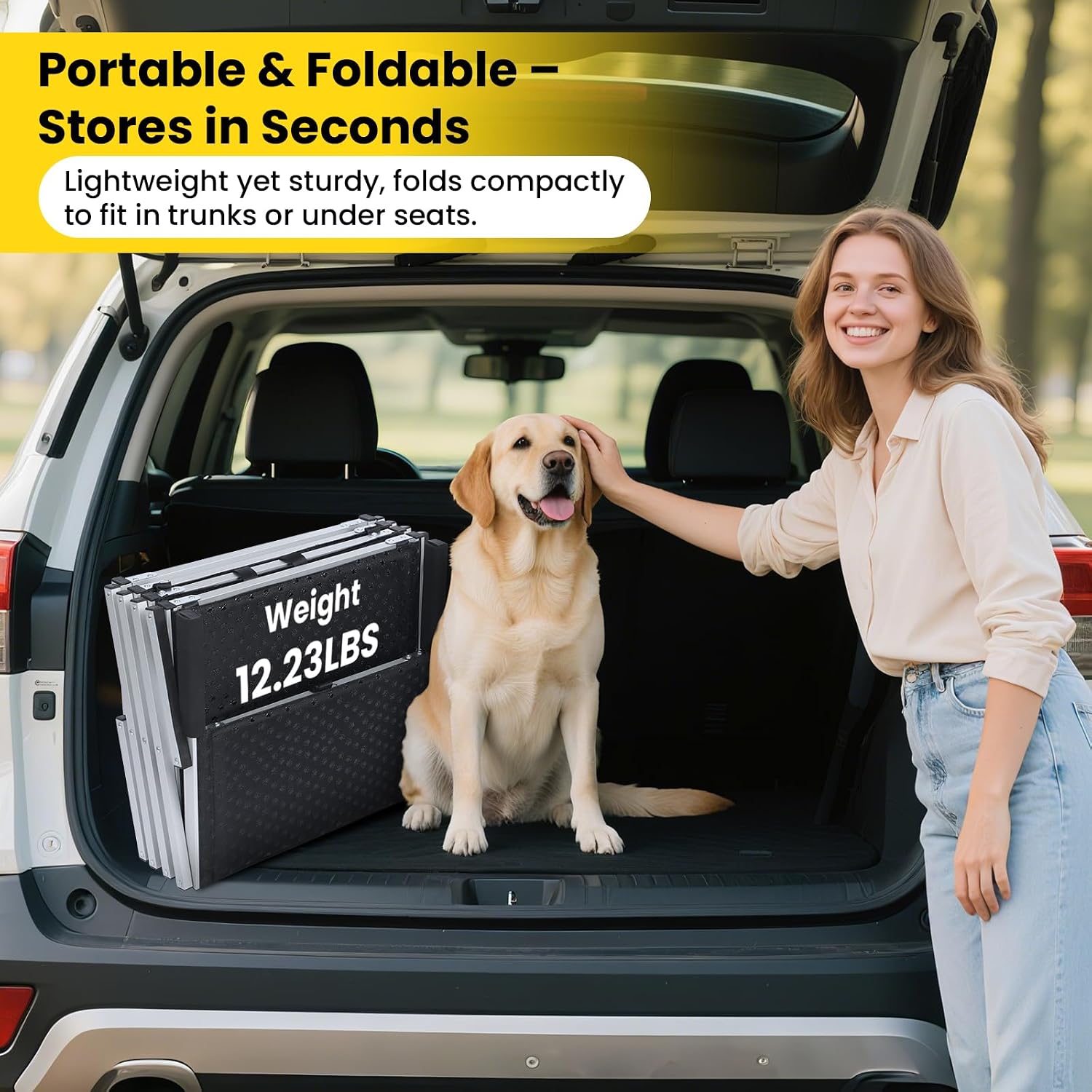 Dog Stairs for Large Dogs, Extra Wide Dog Ramp for Car with Non-Slip Surface, Folding Dog Car Ramp for SUV & Car, Outdoor, Supports up to 250 lbs, 4 Steps