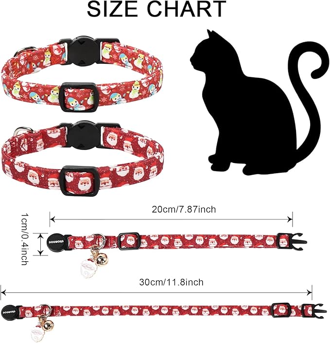 2 Pack Christmas Cat Collars Breakaway with Bell, DOGWONG Safety Buckle Santa Claus Christmas Tree Cute Cat Collar for Girl Boy Cats，Adjustable 7-12 Inch
