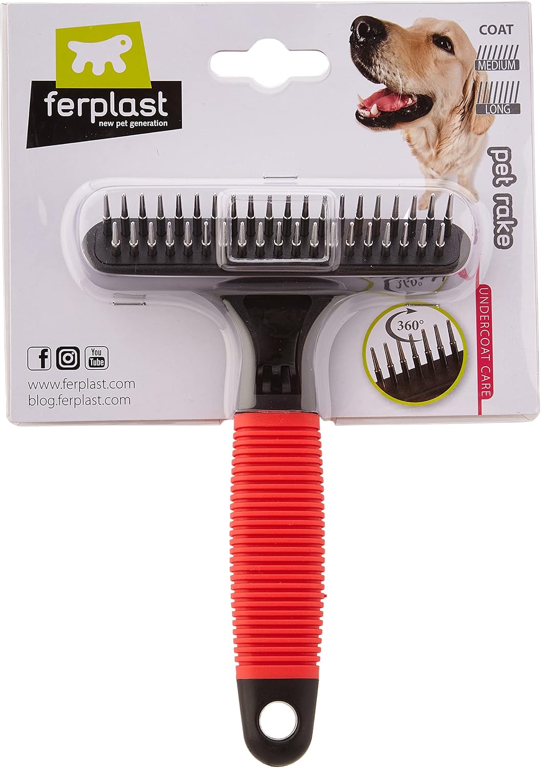 Ferplast 2-in-1 Comb for Dogs and Cats, Medium and Long Hair, Rounded Rotating Anti-Irritation Teeth and Non-Slip Handle