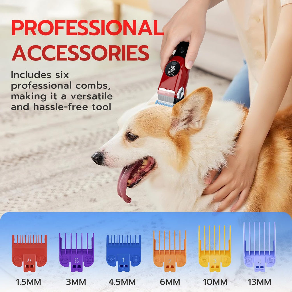 Mcbazel Dog Clippers Grooming Kit, Low Noise Rechargeable Cordless Adjustable Pet Hair Shaver Trimmers Set for Dogs, Cats and Other Pets [Red]