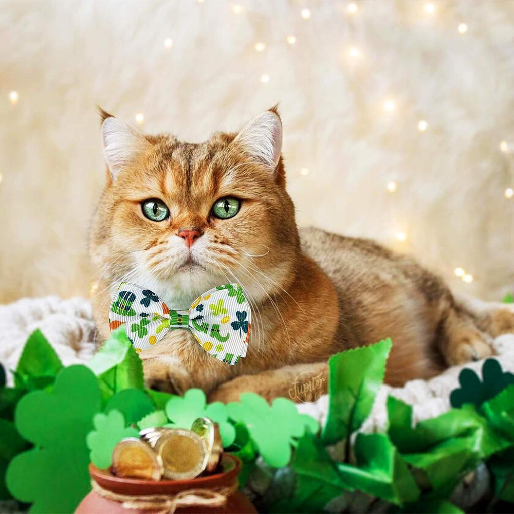 St. Patrick's Day Cat Collar with Bow Tie and Bell, Adjustable Breakaway Shamrock and Rainbow Kitty Collar, Holiday Accessories for Cats and Kittens, Boys and Girls