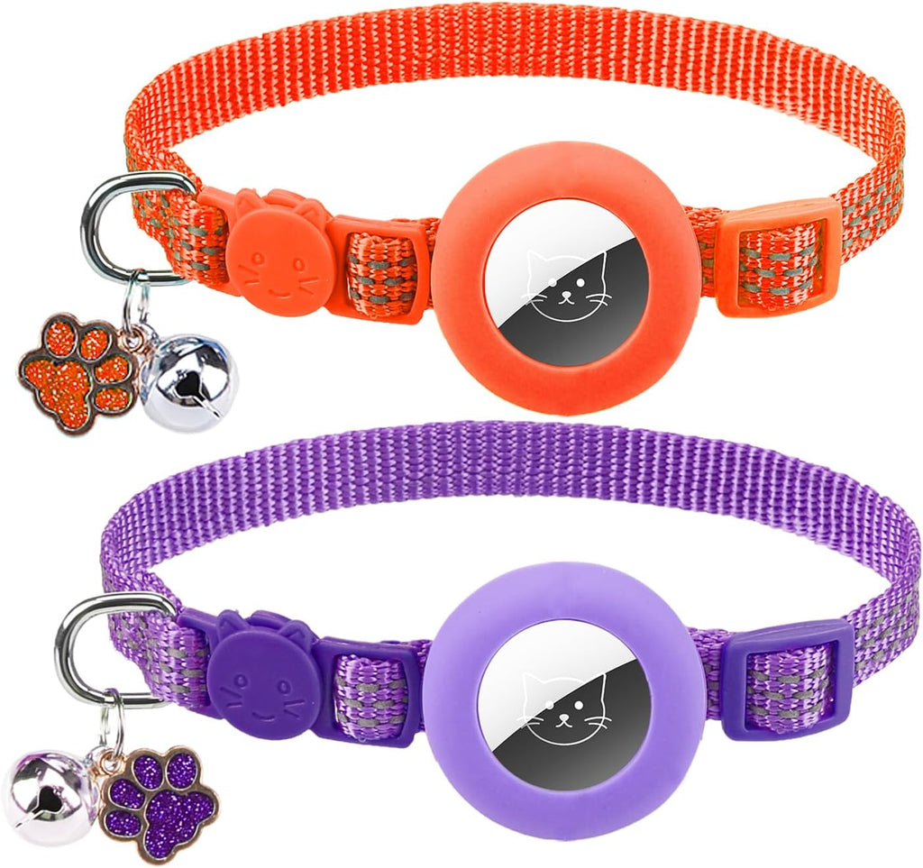PUPTECK AirTag Cat Collar Breakaway with Bells, Adjustable Kitten Collar | Outfit for Girl Boy Small Pet Puppy Bunny, Cute Costume Accessory with Safety Release Buckle, (Airtag-Orange&Purple)
